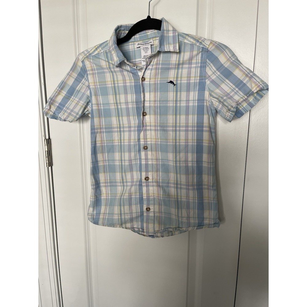 Tommy Bahama Shirt Boy's Large Plaid Button Up Short Sleeve Collared Shirt